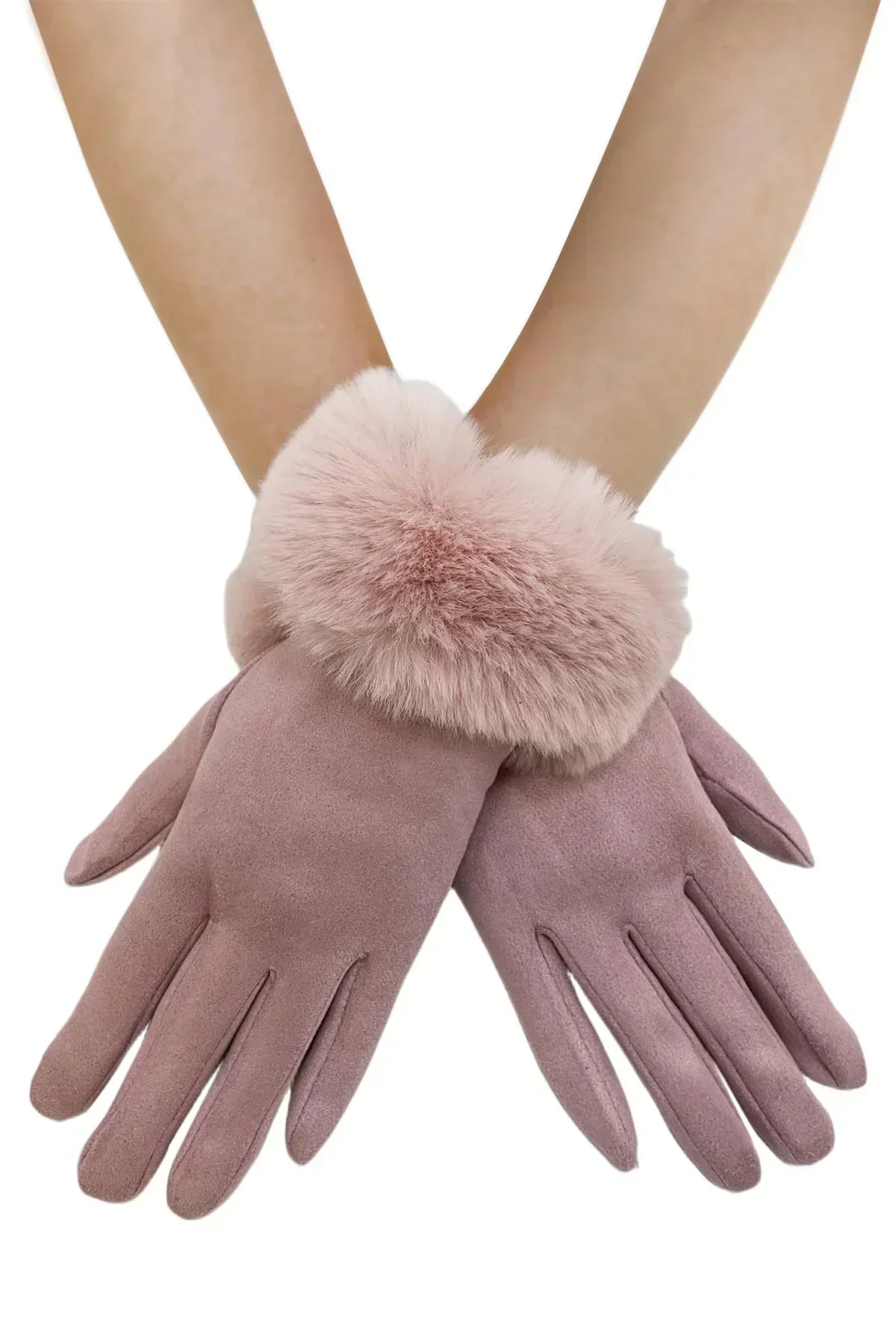 Faux fur trim gloves with touchscreen feature in pink. Fur Gloves