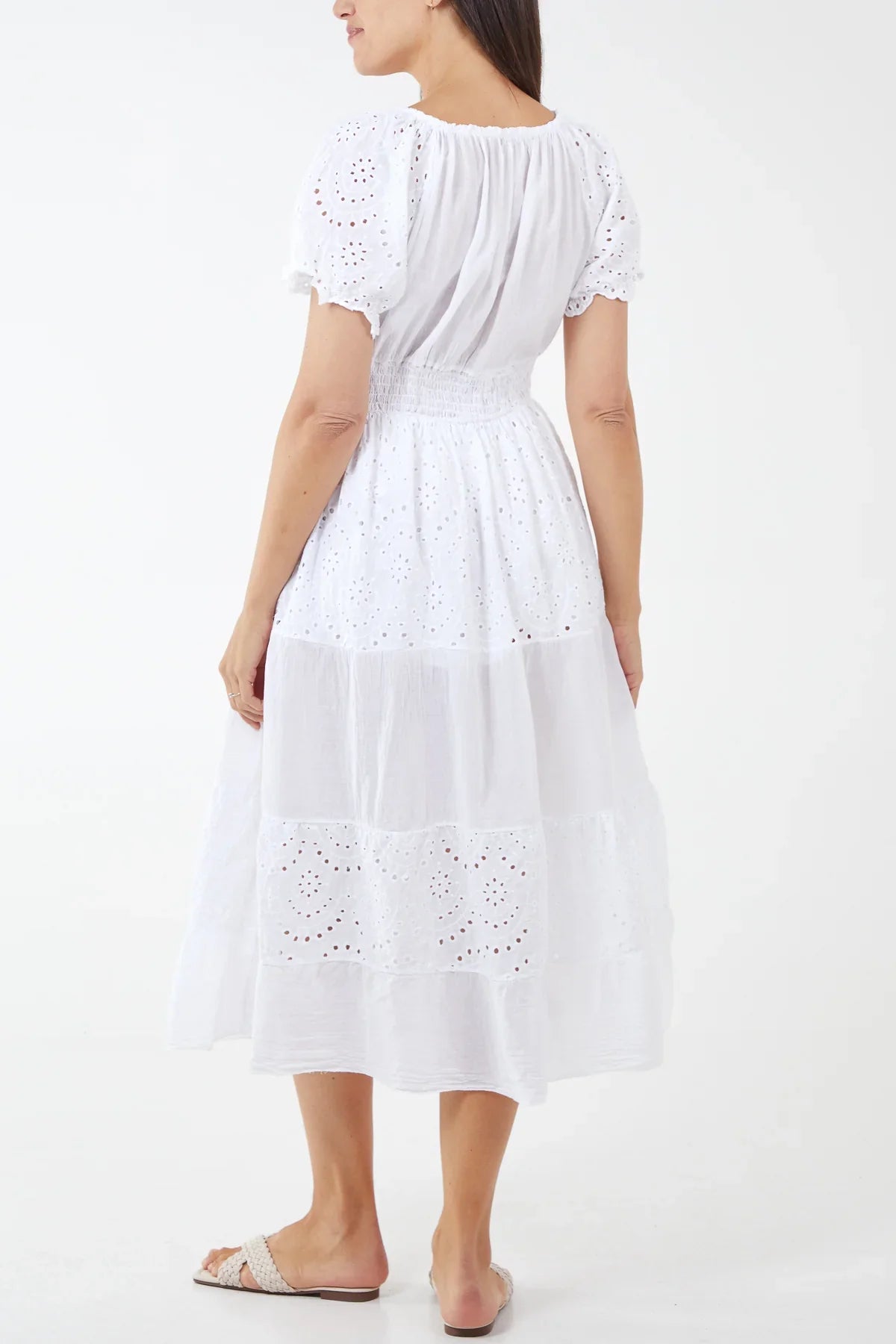 Tiered Broderie Anglaise Dress with shirred waist, white cotton fabric.
