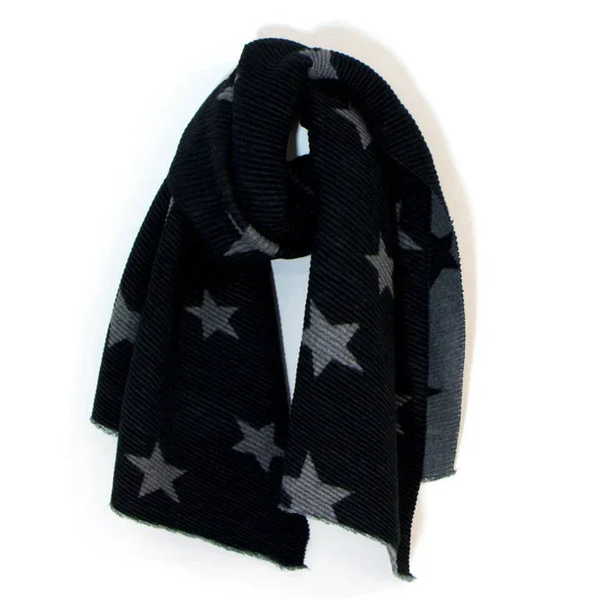 Pleated Star Scarf with textured folds and reversible colors, 100% polyester.