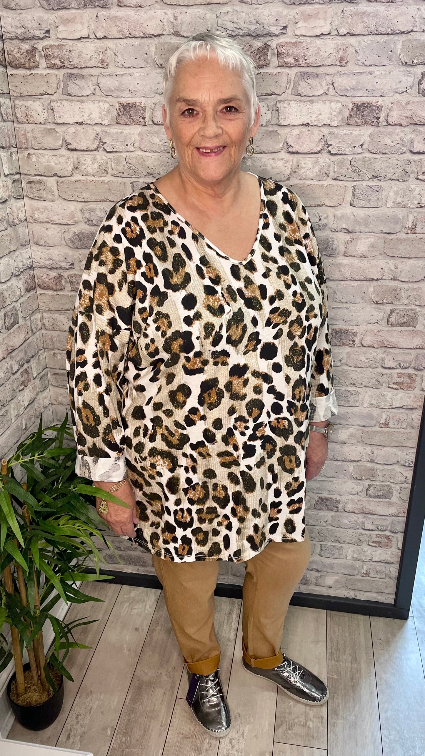Glitter Animal Print Top - V Neck, Hi Lo Edge Style