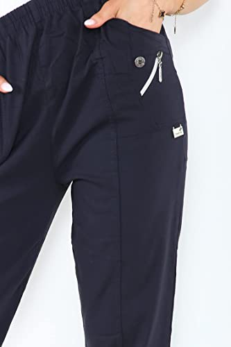 Cropped stretch trouser with button and zip pocket details.