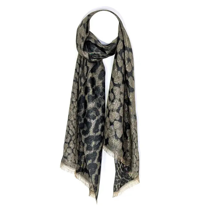Metallic Animal Luxe Scarf with metallic finishes and animal-inspired pattern.