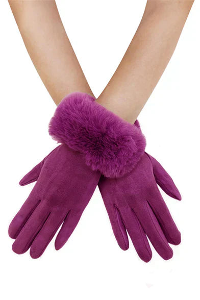 Faux fur trim gloves with touchscreen feature in purple. Fur Gloves