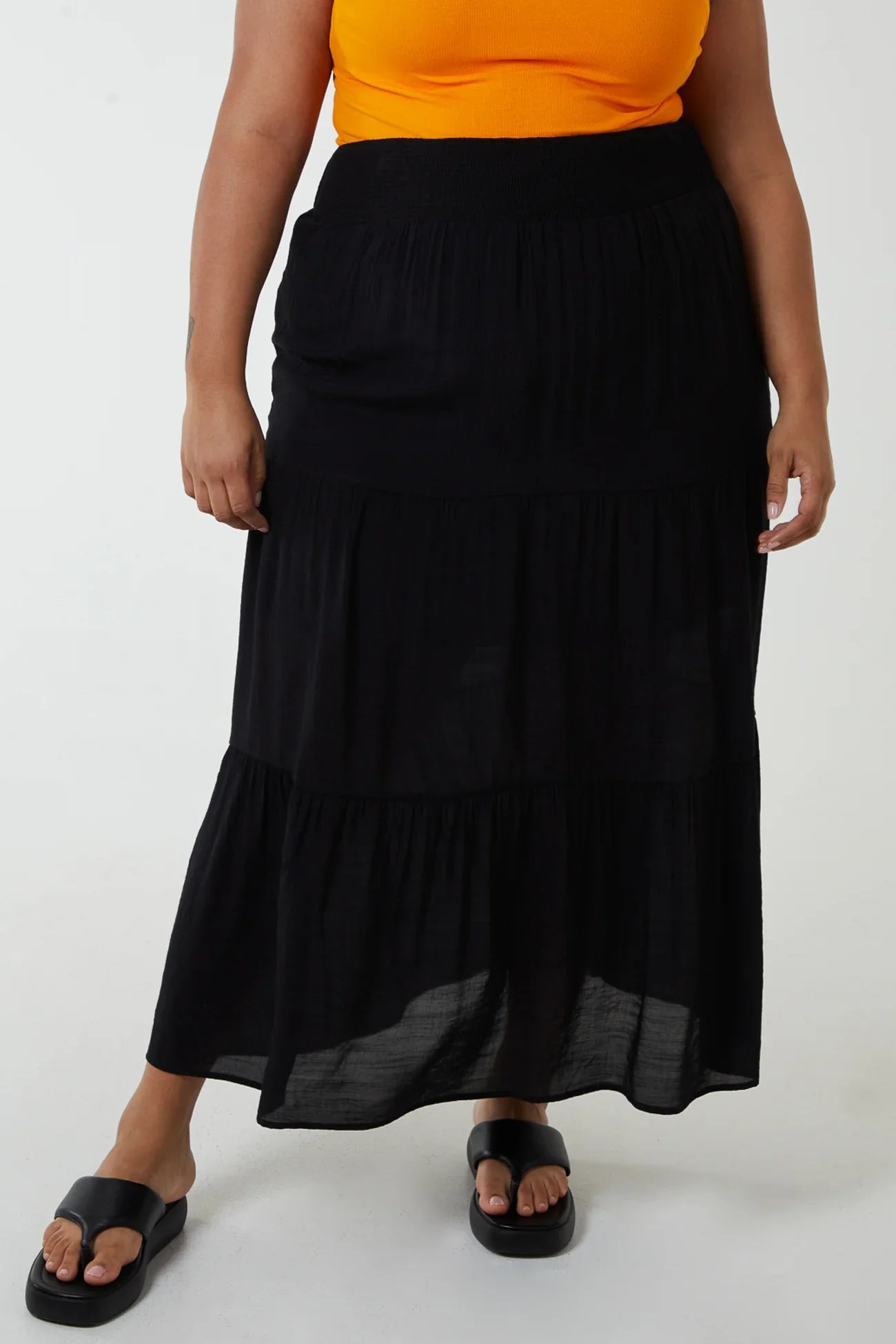Shirred Waist Maxi Skirt with Viscose and Polyester Composition