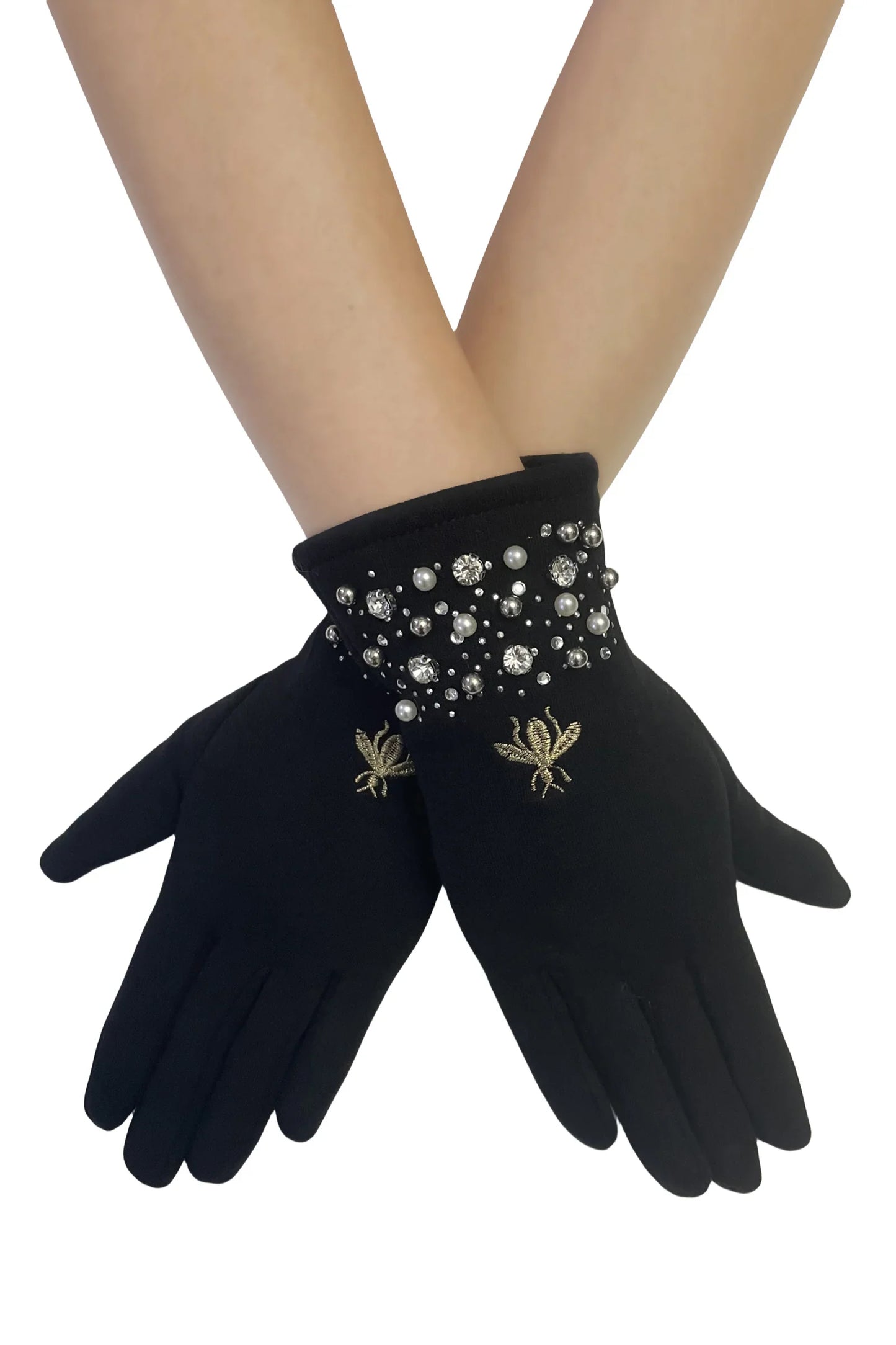 Embroidered Bee with Pearls Gloves on model in black