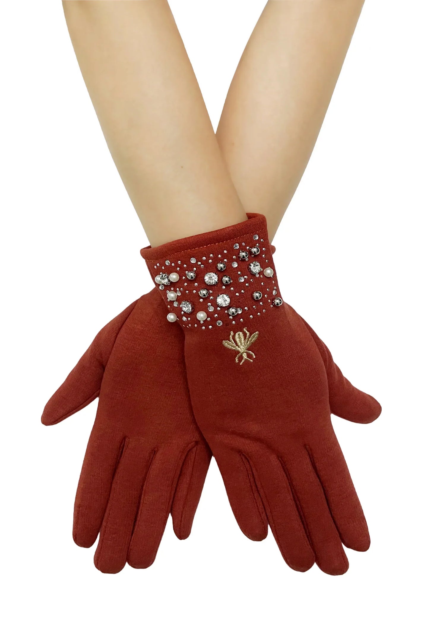 Embroidered Bee with Pearls Gloves on model in rust