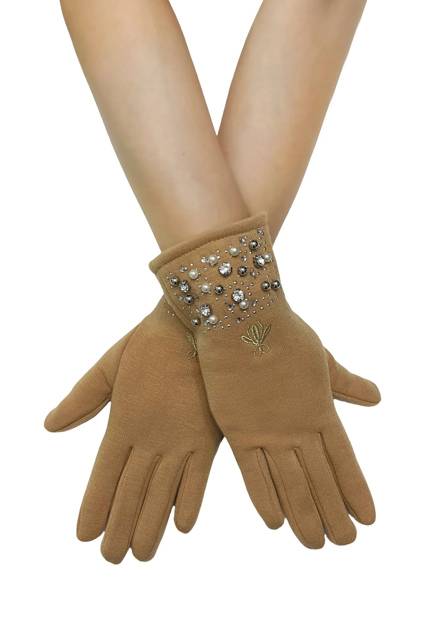 Embroidered Bee with Pearls Gloves on model in camel