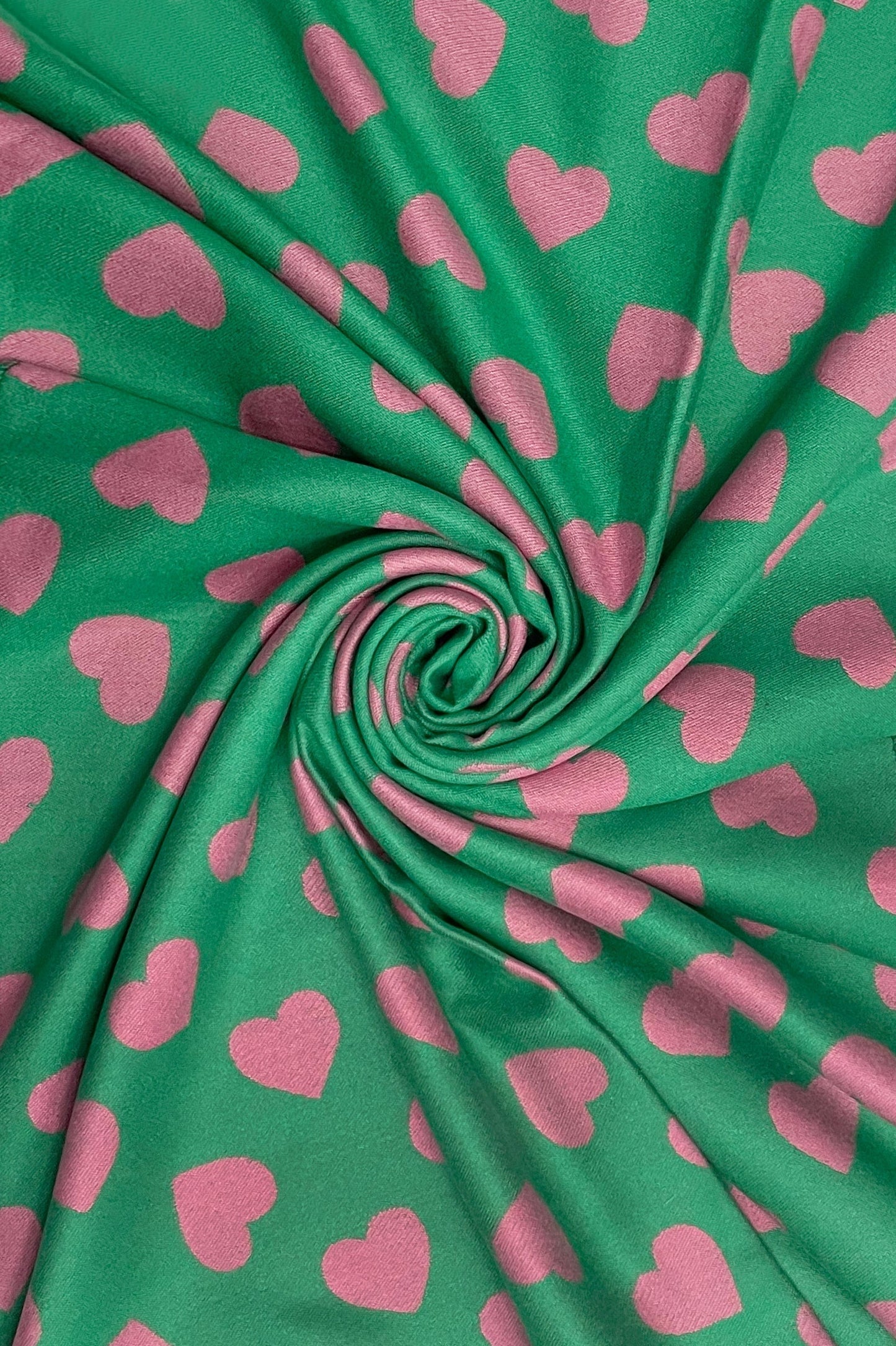 Love Heart Reversible Scarf, pink hearts on green fabric, 67cm x 180cm, cotton and viscose.