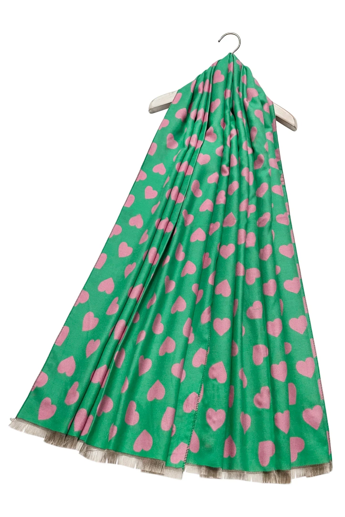 Love Heart Reversible Scarf with pink hearts on green fabric, boutique style, 67cm x 180cm.