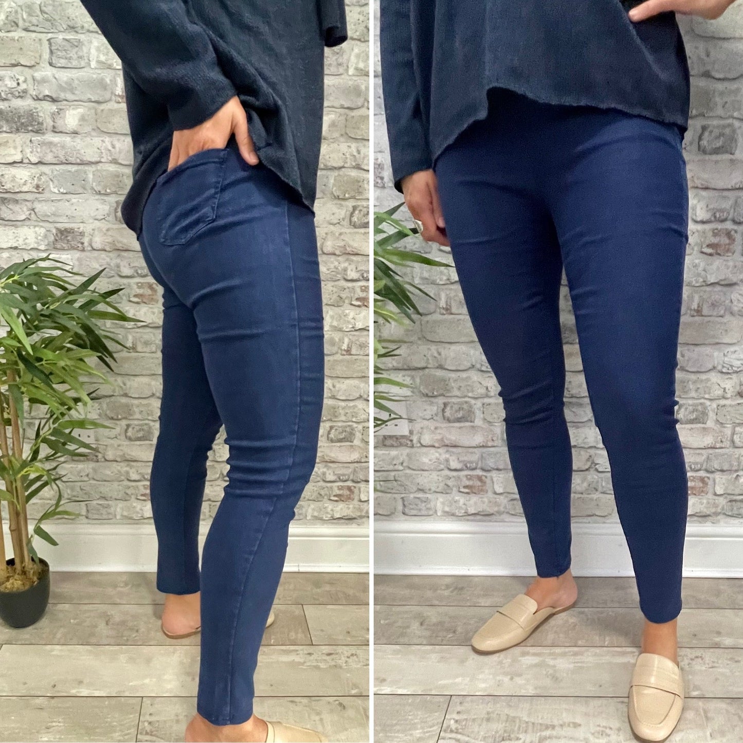Soft cotton jegging in blue, featuring a blend of cotton, polyester, and elastane, worn with a dark top and beige loafers.