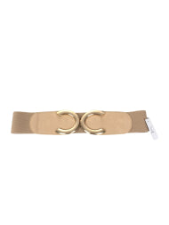 Gold hook and eye stretch belt with gold tone hardware.