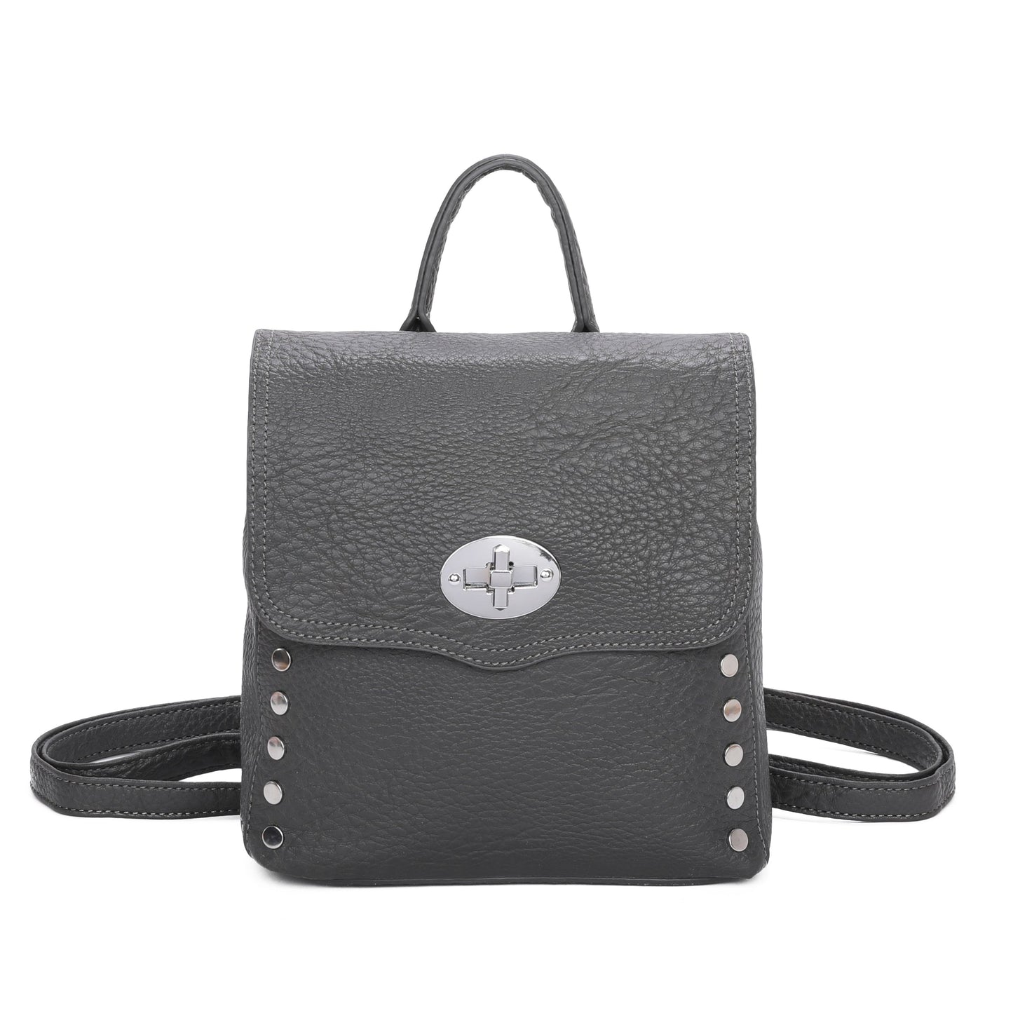 Stud Backpack with twist lock flap, adjustable straps, silver-tone hardware, and external back pocket.