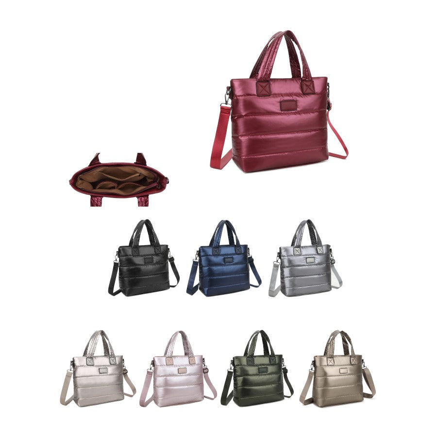 Puffy Medium Tote Bag with gunmetal hardware, adjustable strap, and zip closure in multiple colors.