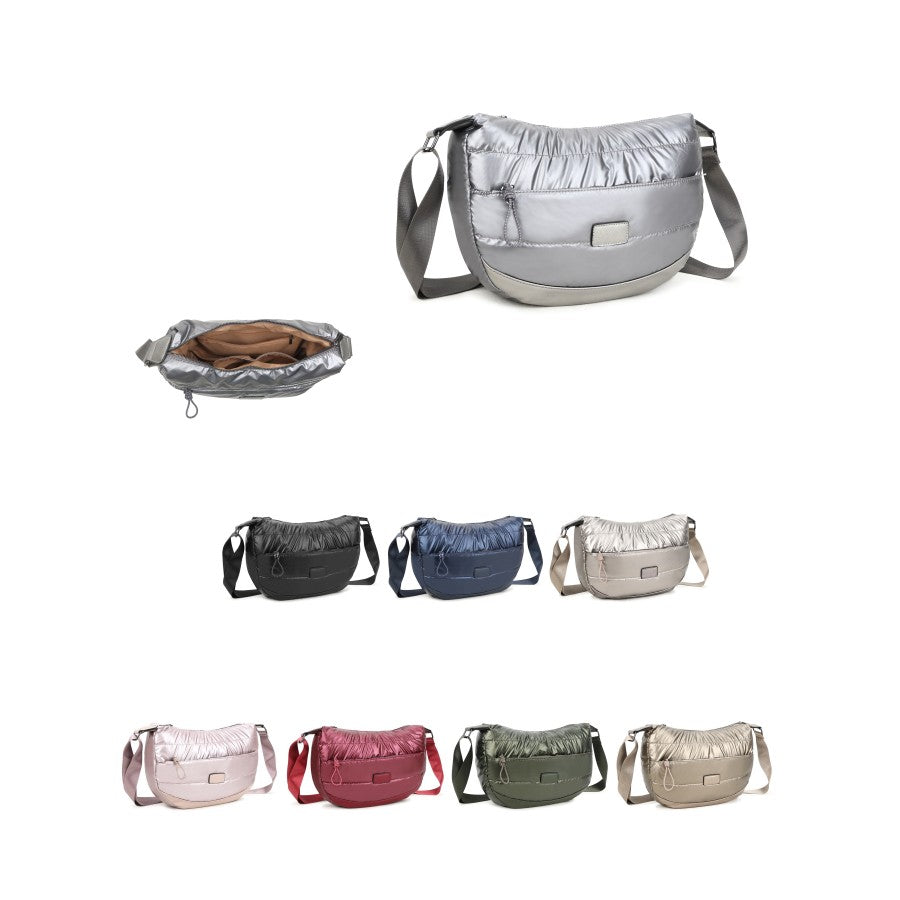 Crossbody Bag - Metallic Puffy Half Moon Style with Silver Hardware