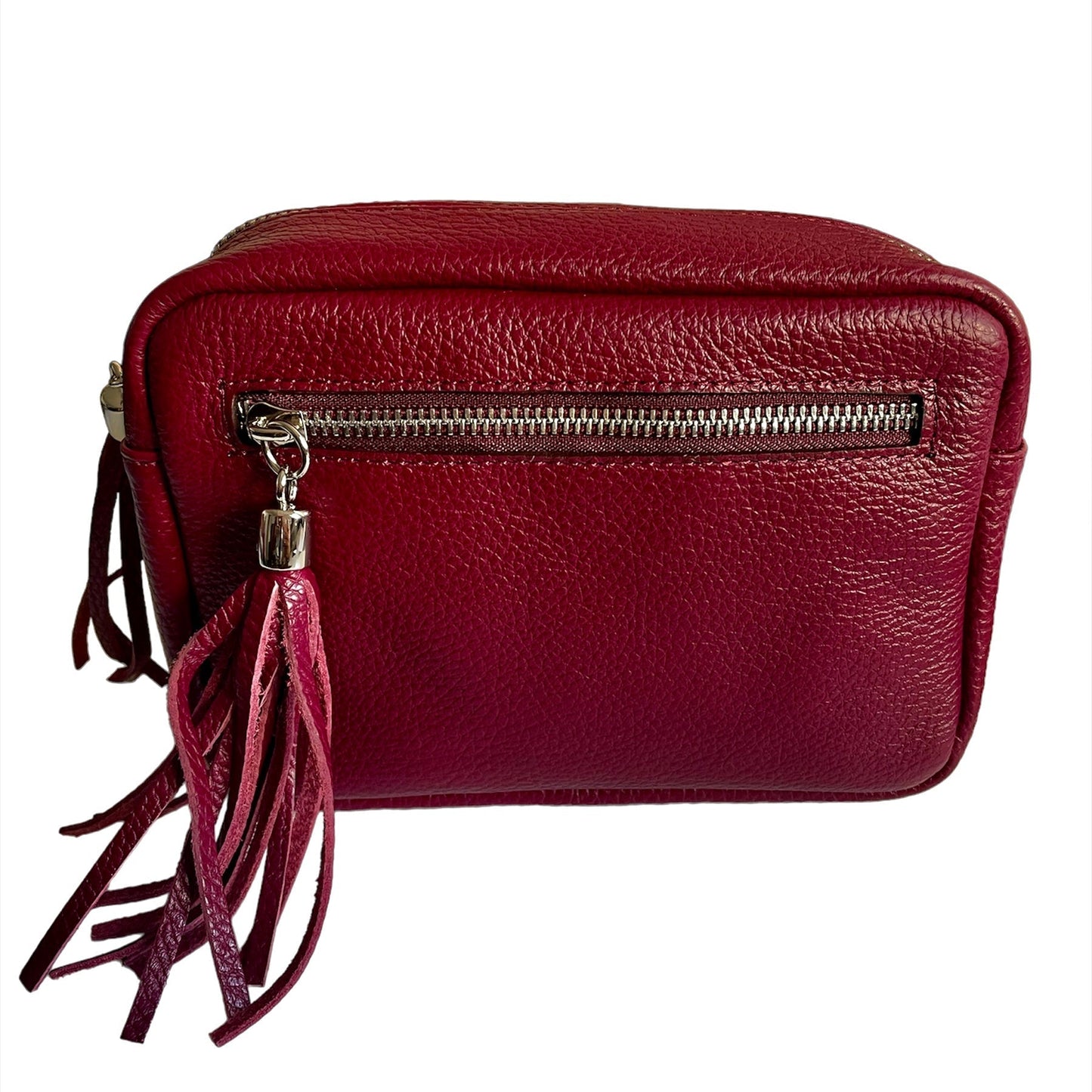 Rectangle leather tassel bag in Italian leather with front pocket and adjustable strap.