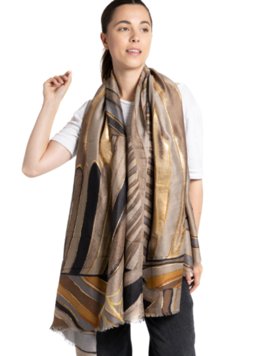 Gold abstract scarf in soft polyester with gold, grey, and blue tones.