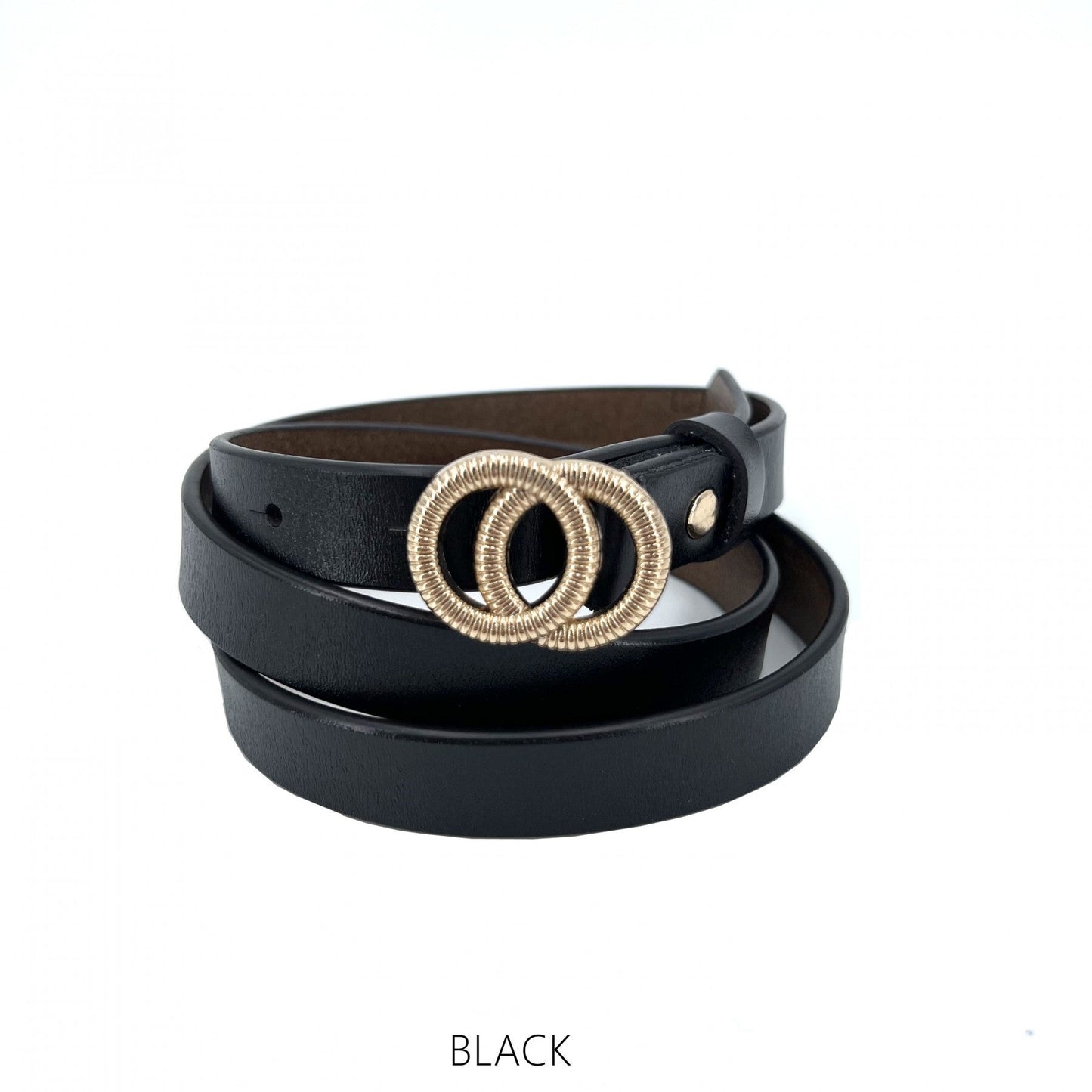 Slim genuine leather belt with gold hardware.