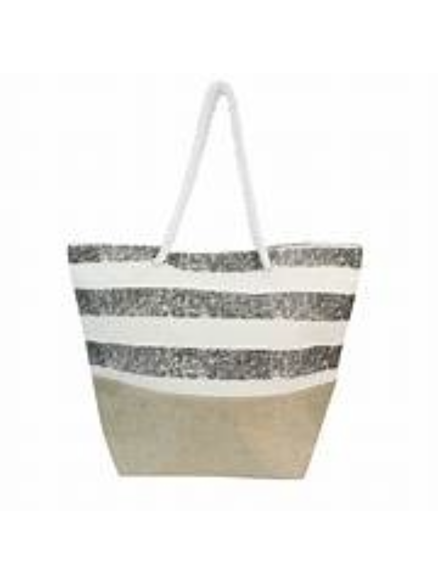 Dorset Beach Bag with grey stripes and color block, canvas, cotton handles.