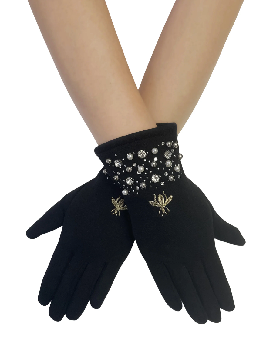 Embroidered Bee with Pearls Gloves on model in black