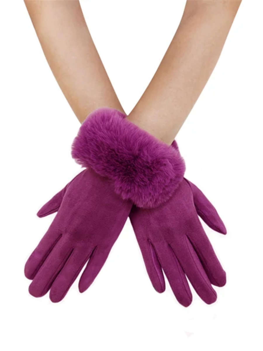 Faux fur trim gloves with touchscreen feature in purple. Fur Gloves
