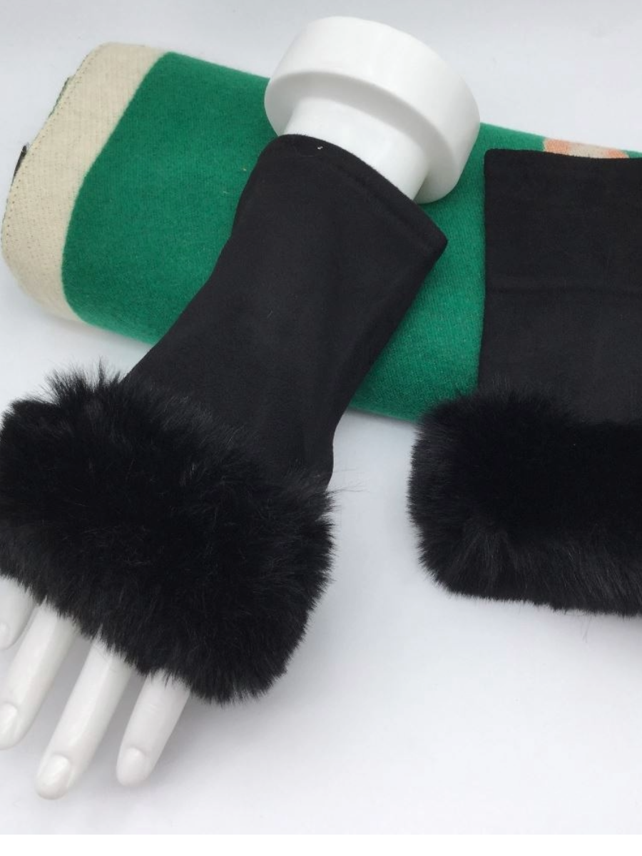 Fingerless Gloves with a Soft Fluffy Faux Fur Cuff on display