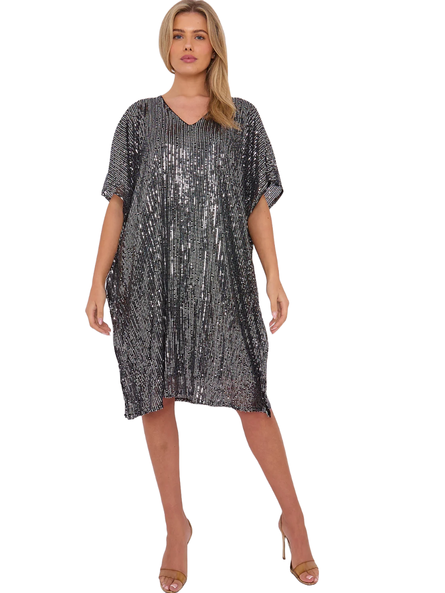 V Neck Sequin Tunic with batwing sleeves, perfect for Christmas parties.