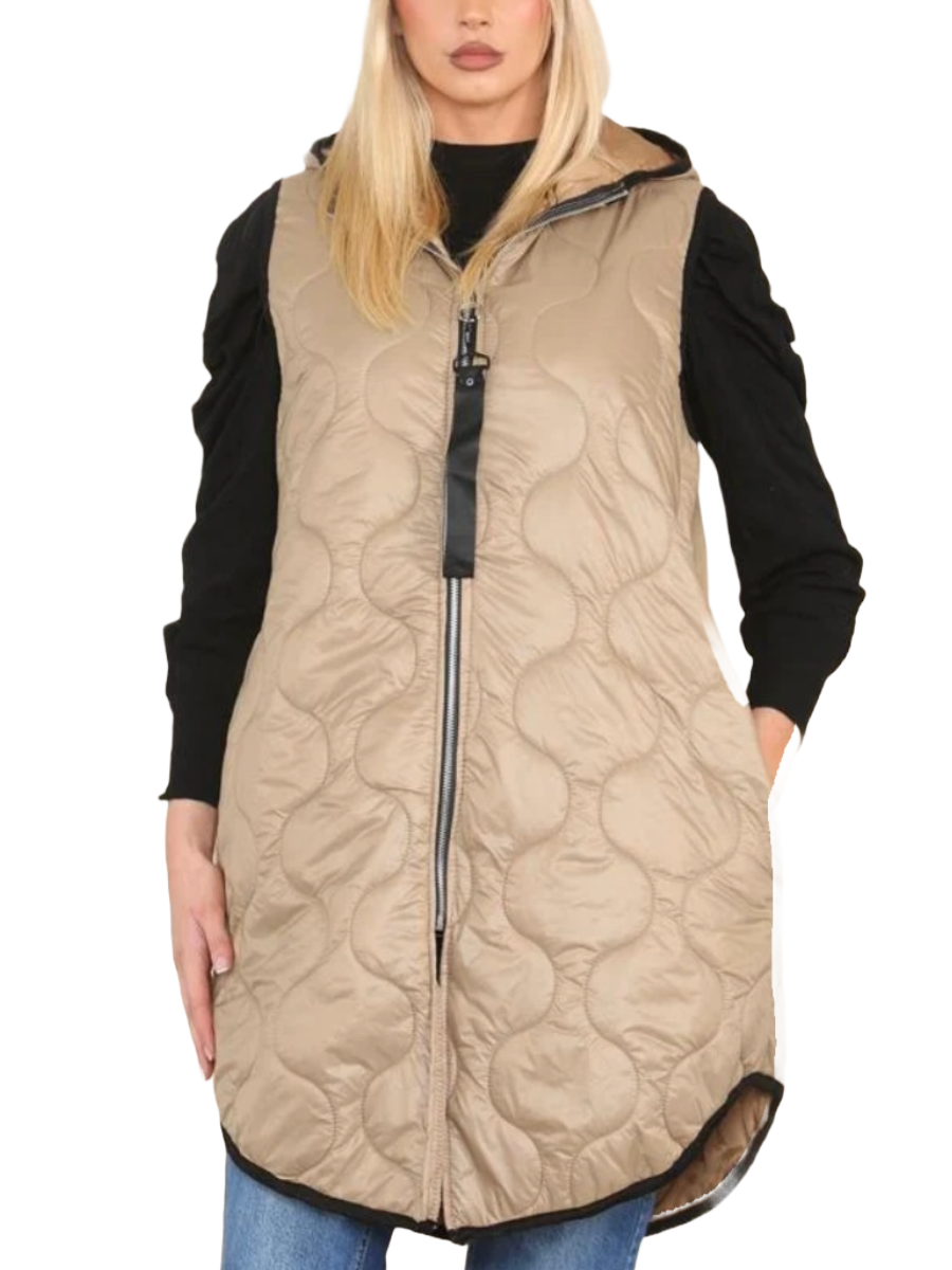 Lightweight padded gilet in beige with front zipper and hood.