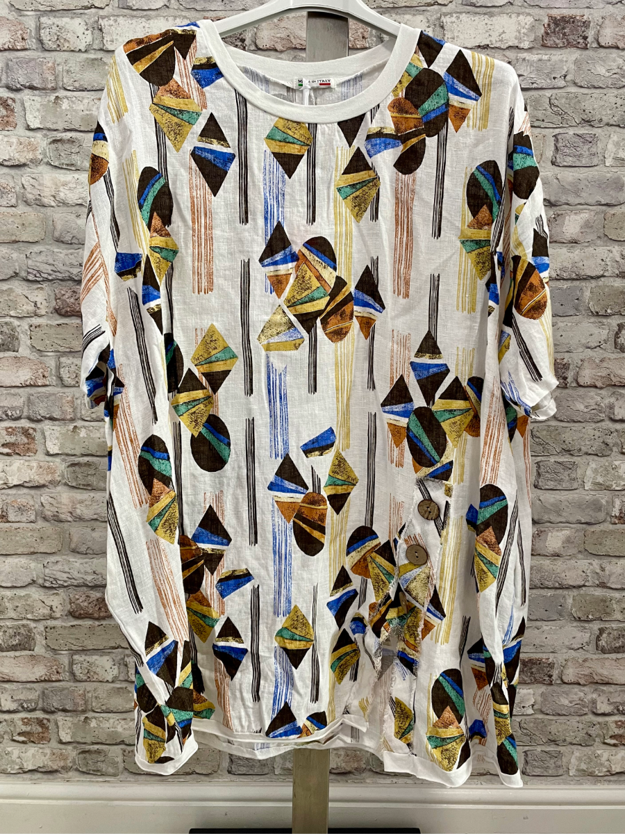 Lagenlook Linen Diamond Slit Tunic with unique button and raw edge hem.