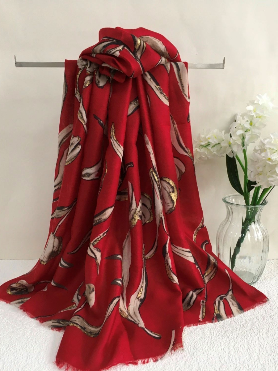 Tulips Scarf - Lightweight Deep Red Colour with a Contrast Print