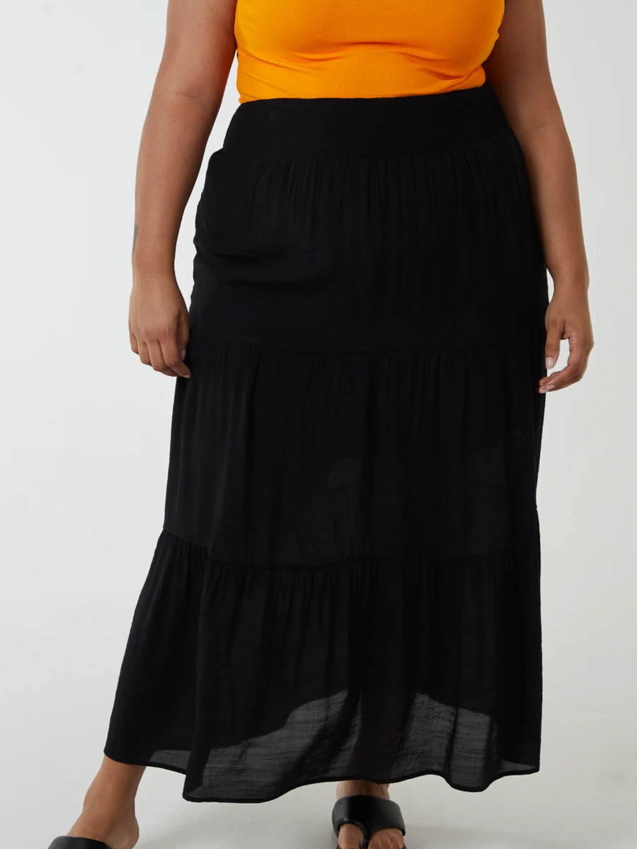 Shirred Waist Maxi Skirt in Black with Viscose Polyester Blend