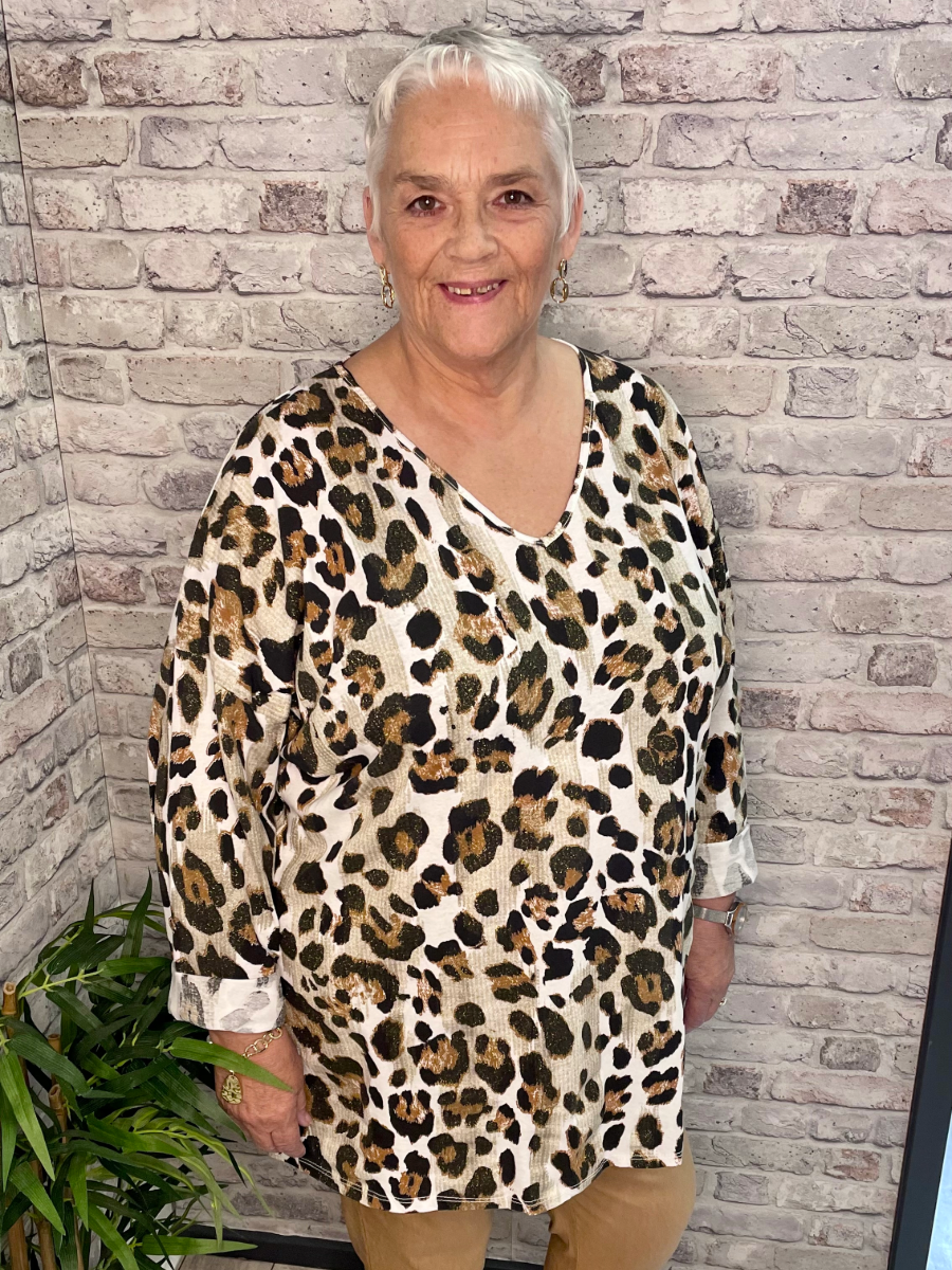 Glitter Animal Print Top - V Neck, Hi Lo Edge Style