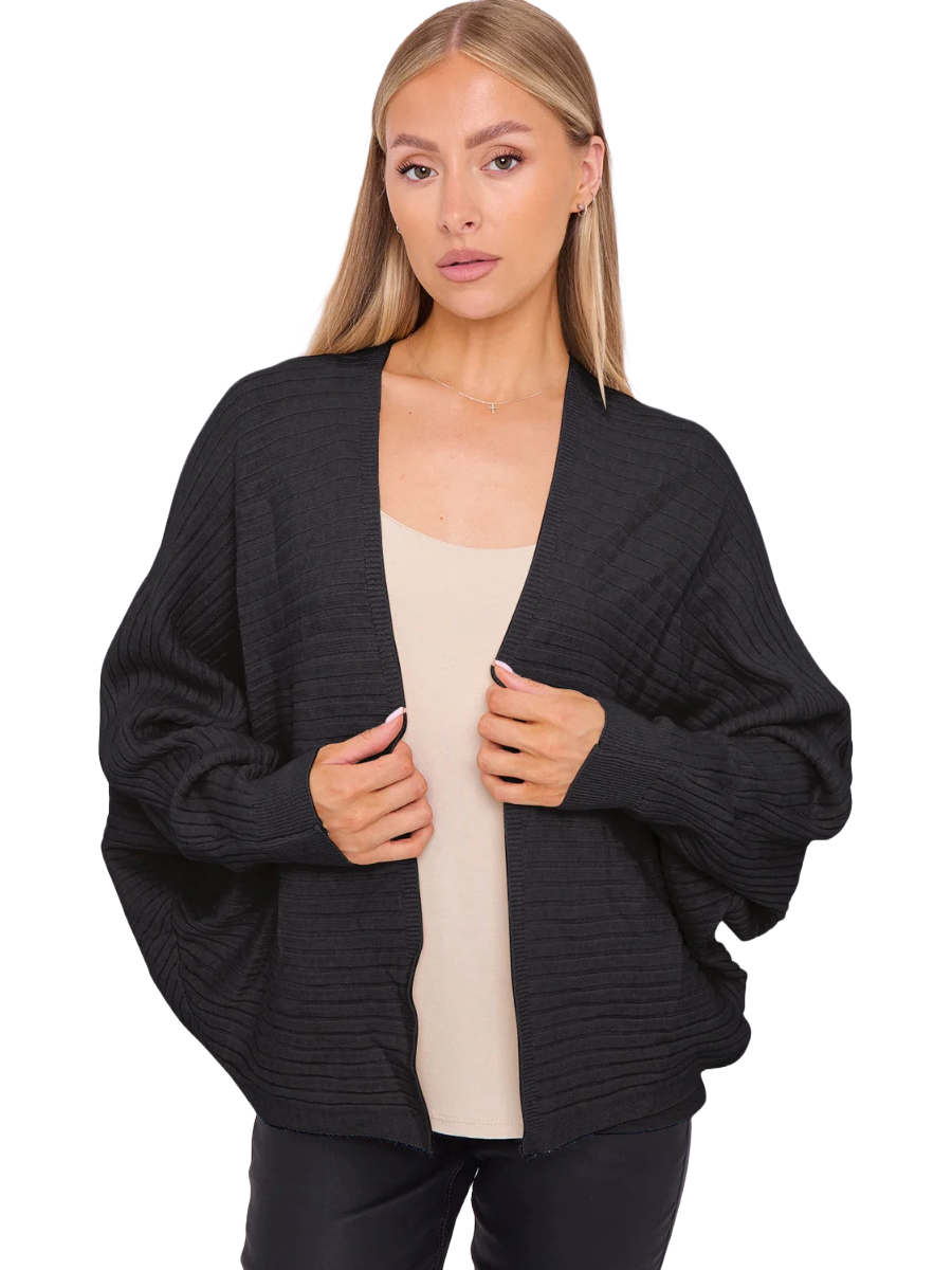 Ribbed Batwing Cardigan with batwing sleeves, open front, and versatile styling.