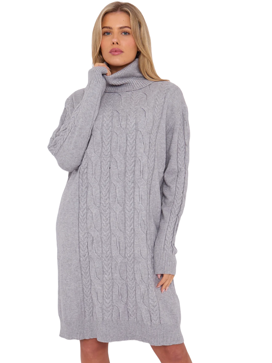 Jumper Dress - Roll Neck Design and Cable Pattern to Front