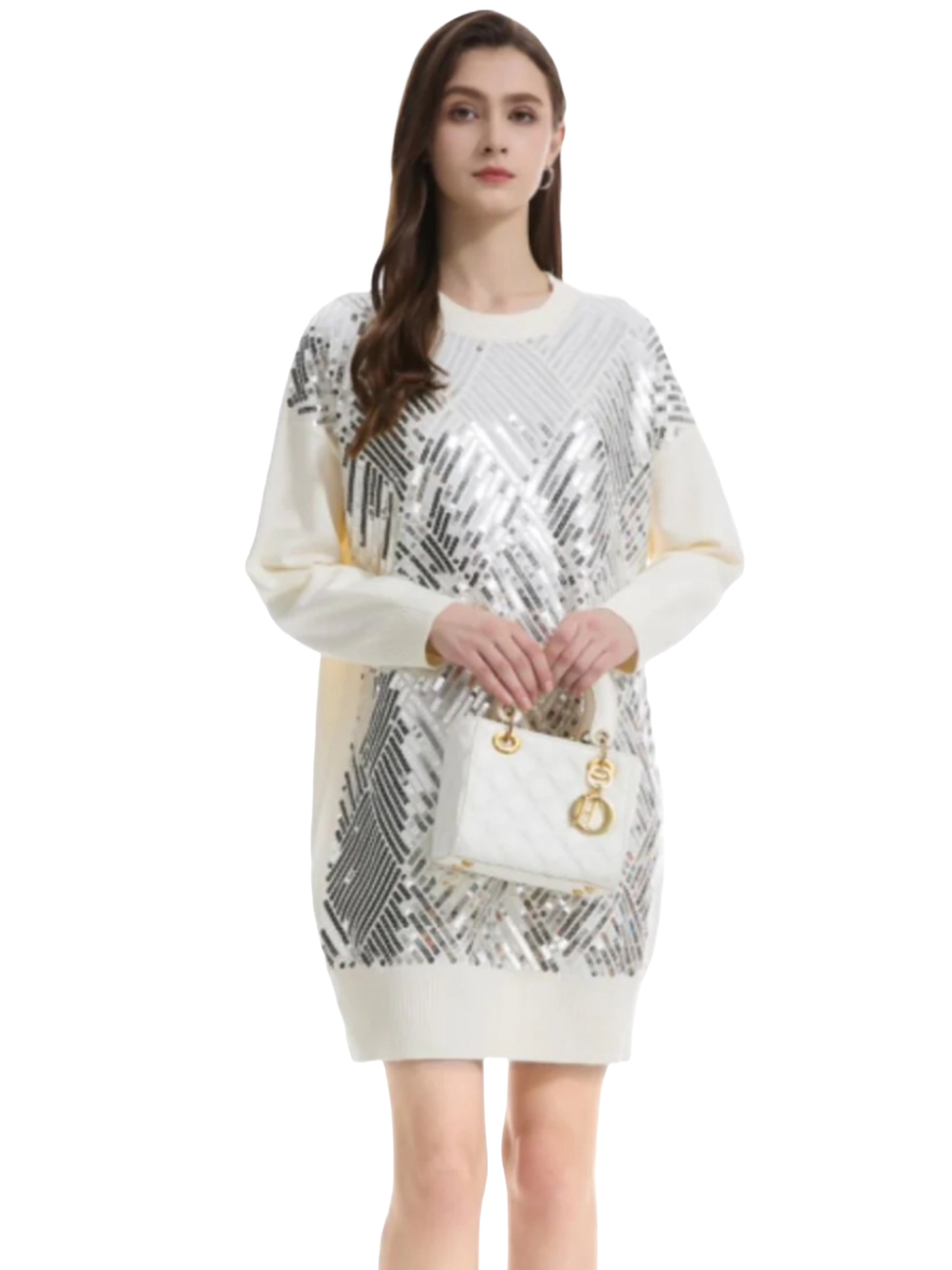 Sequin Detail Jumper Dress - All Over Sequin Detail to Front