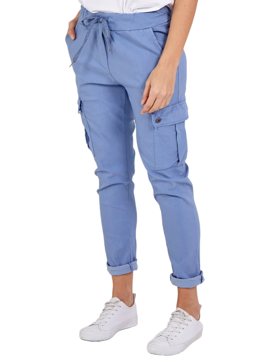 Blue magic cargo trousers made from viscose, polyester, and elastane.
