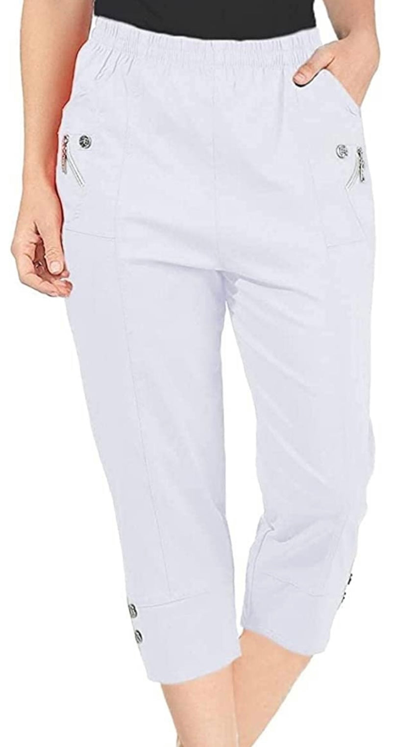 Cropped stretch trouser with button and zip pocket details, cotton blend.