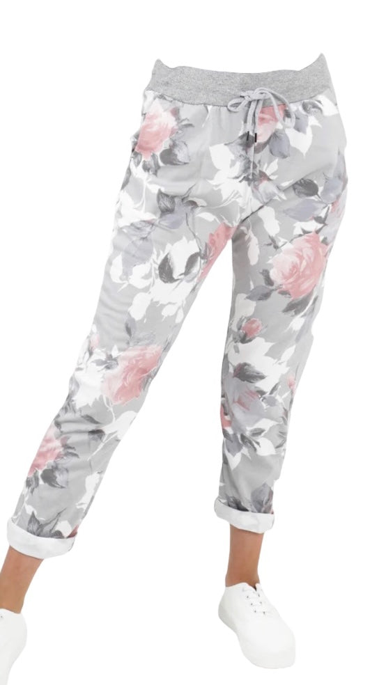 Cotton Trouser - Rose pattern with soft jersey waistband
