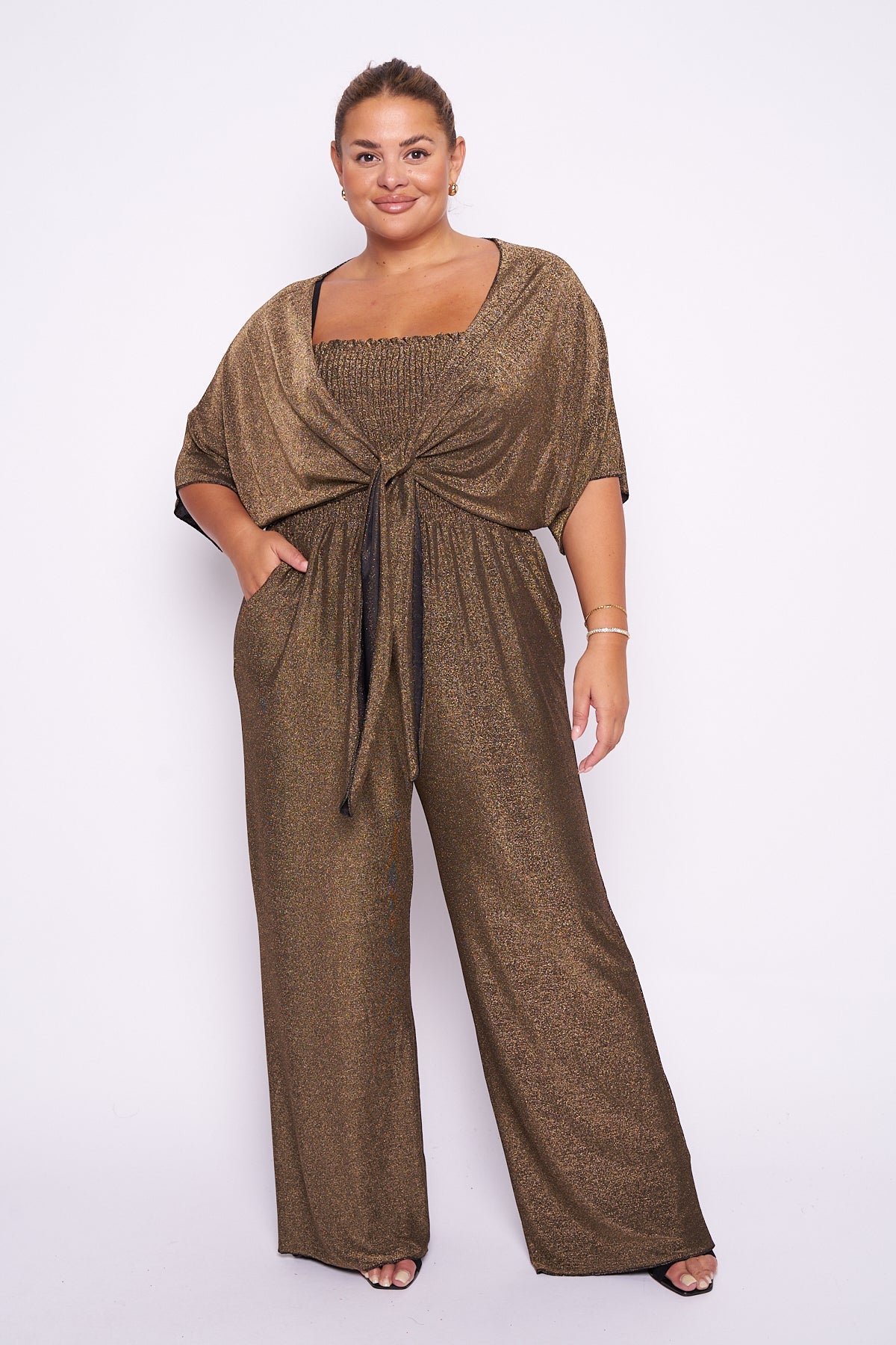 Lurex 2 Piece Shrug Jumpsuit with Wide Leg and Adjustable Straps