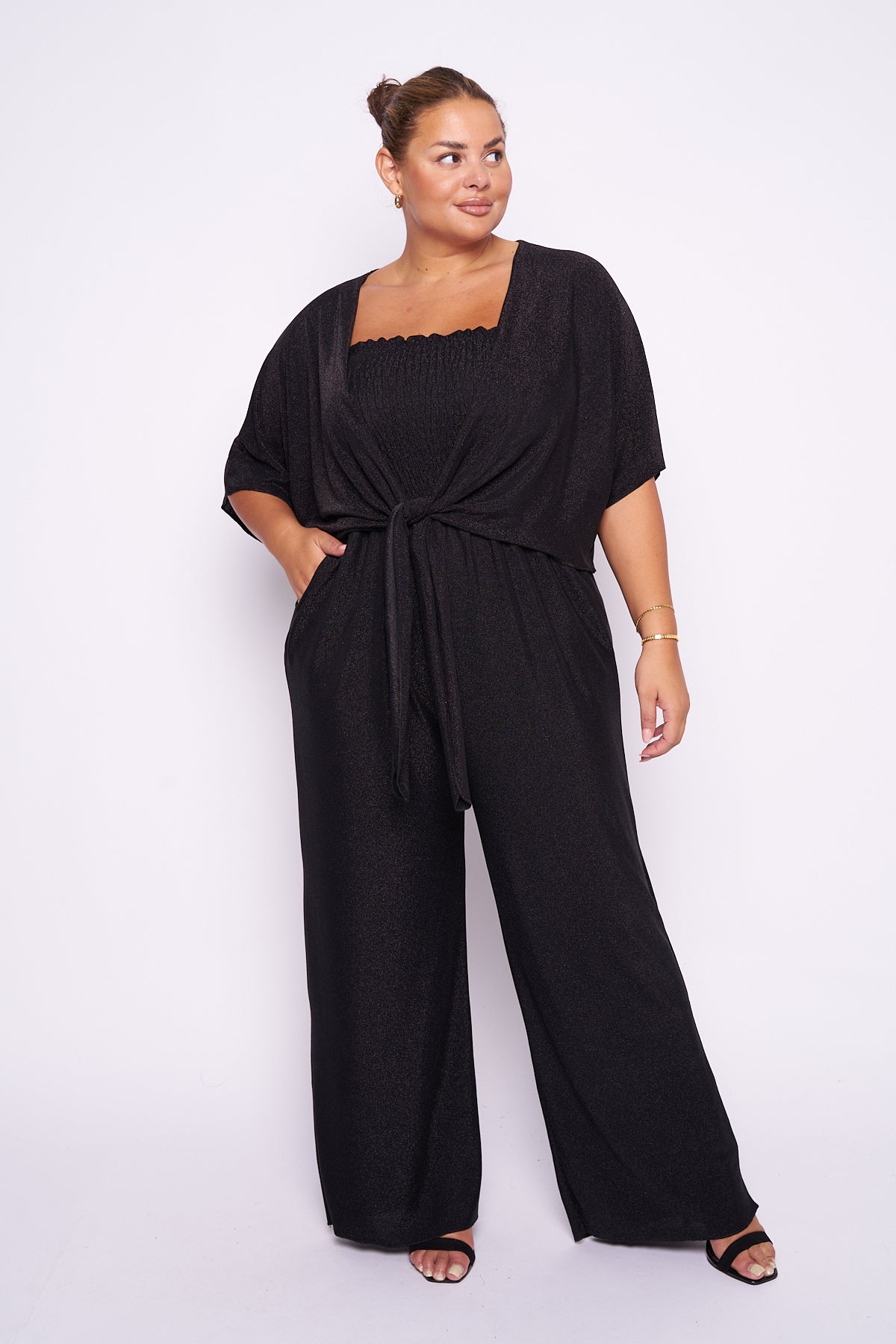 Lurex 2 Piece Shrug Jumpsuit with wide leg design and adjustable straps.