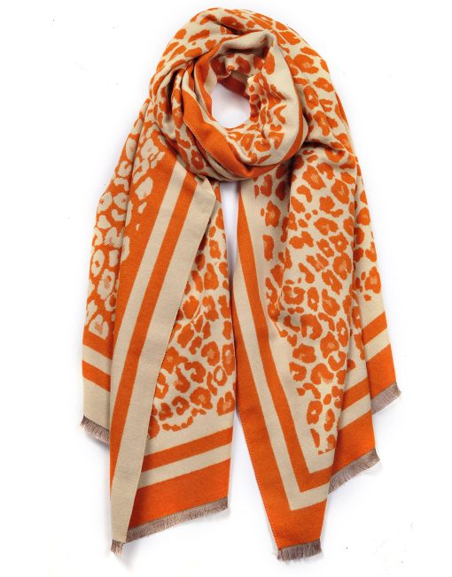 Leopard Border Winter Scarf in orange and beige, 180cm by 70cm, cashmere and cotton blend.