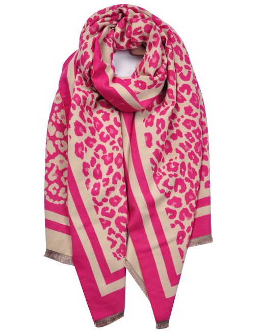 Leopard Border Winter Scarf in pink and beige, 180cm x 70cm, cashmere and cotton blend.