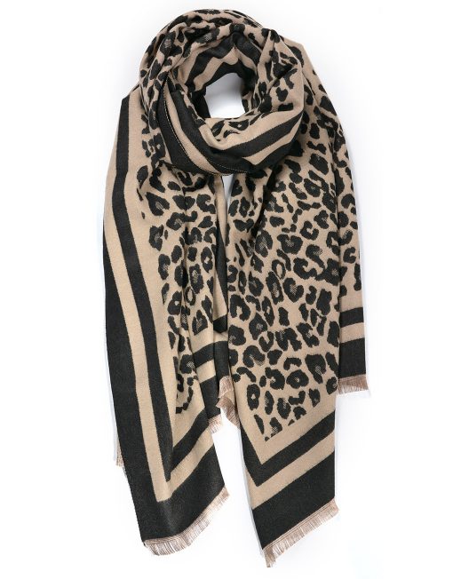 Leopard Border Winter Scarf made of cashmere and cotton, 180cm x 70cm.
