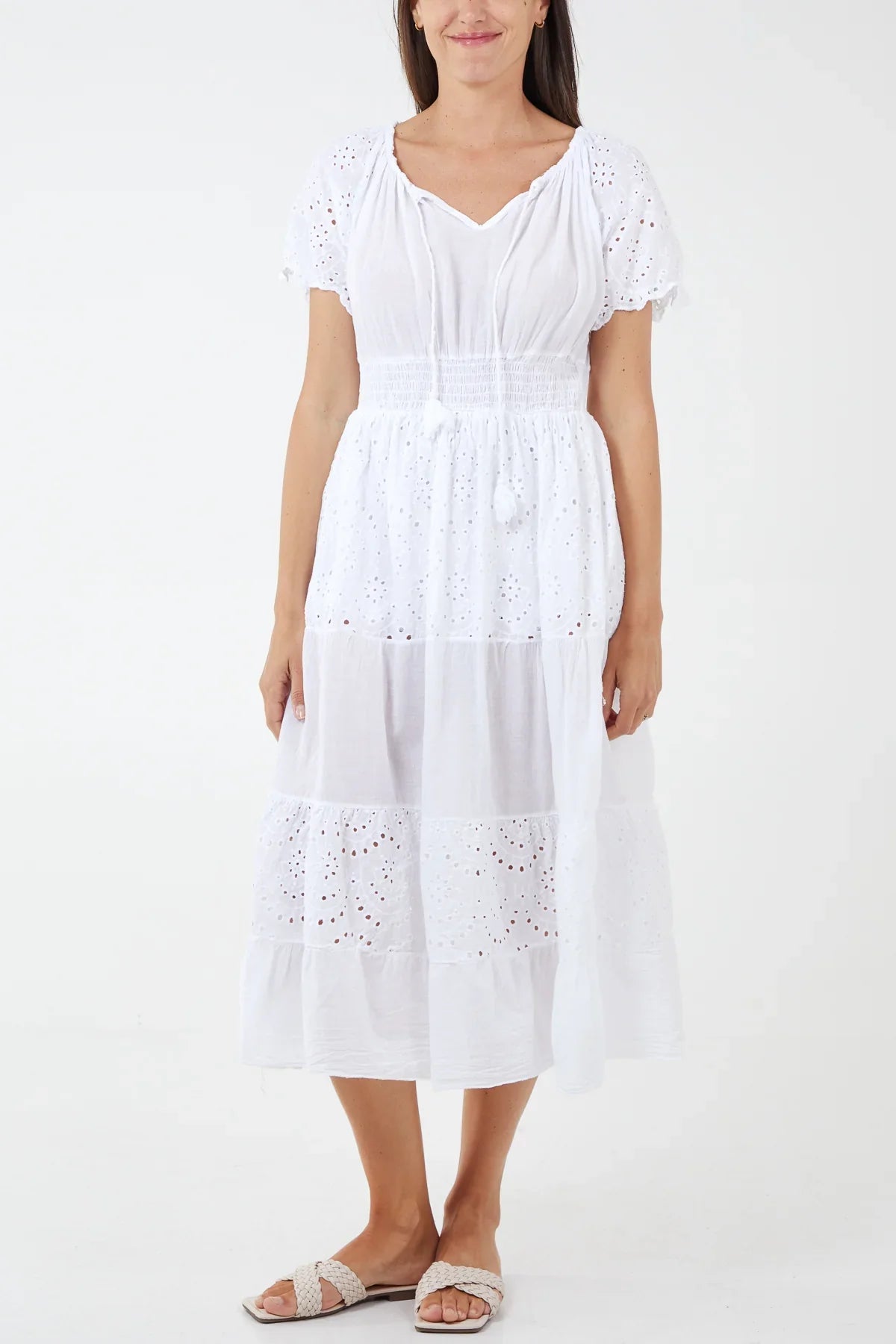 Tiered Broderie Anglaise Dress with shirred waist in white cotton.