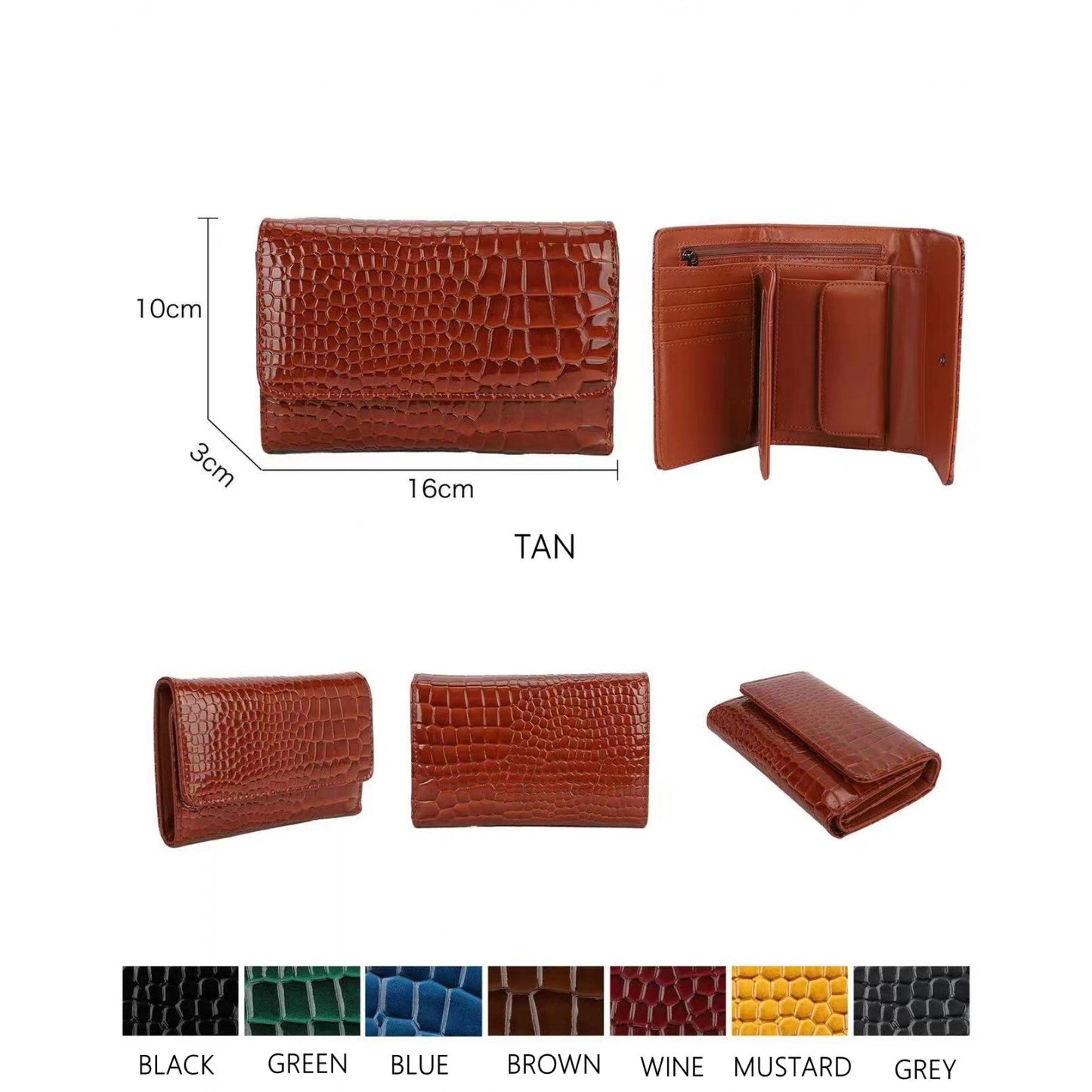 Black Croc Print Purse with gunmetal hardware, button closure, and multiple pockets.