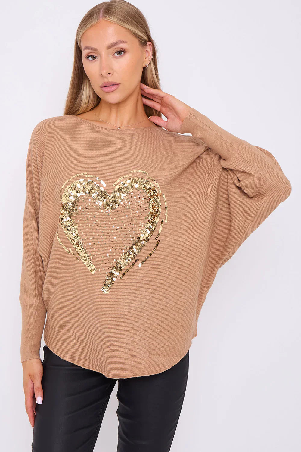 Heart Sequin Batwing Jumper - Chic & Sparkly Winter Wear