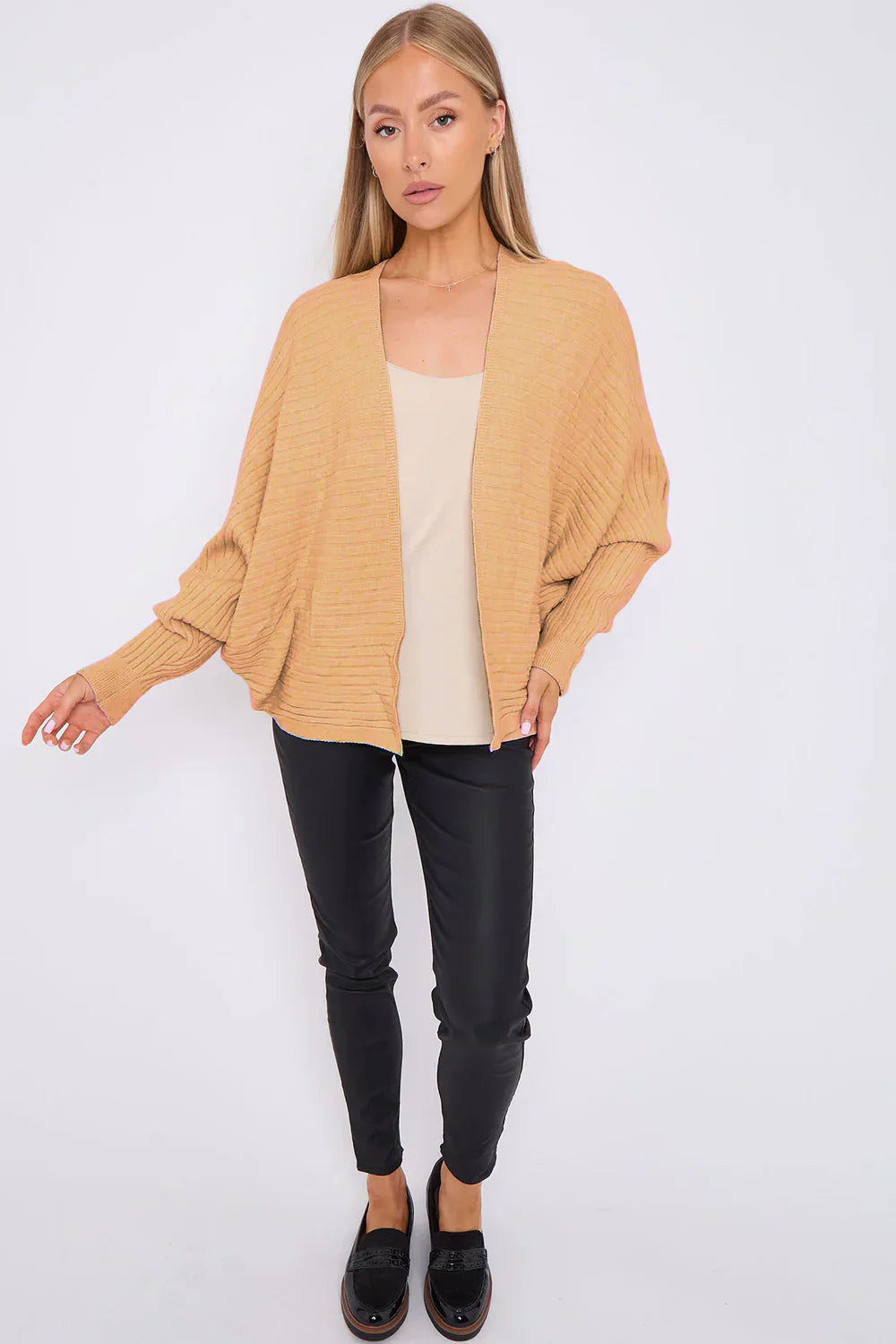 Ribbed Batwing Cardigan in modal blend with open front and batwing sleeves.