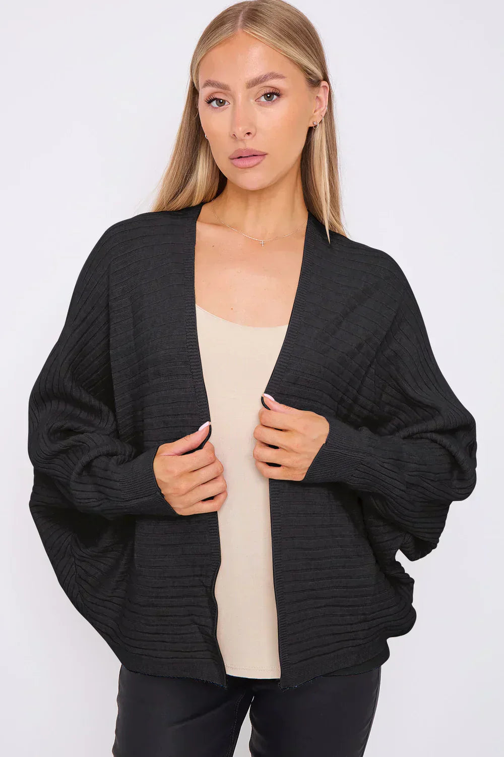 Ribbed Batwing Cardigan with open front and batwing sleeves.