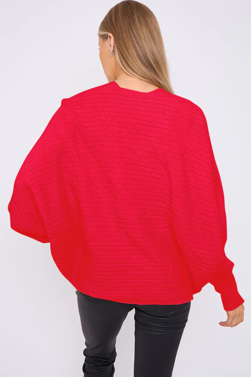 Ribbed Batwing Cardigan in red with batwing sleeves and open front, perfect for versatile casual or polished wear.