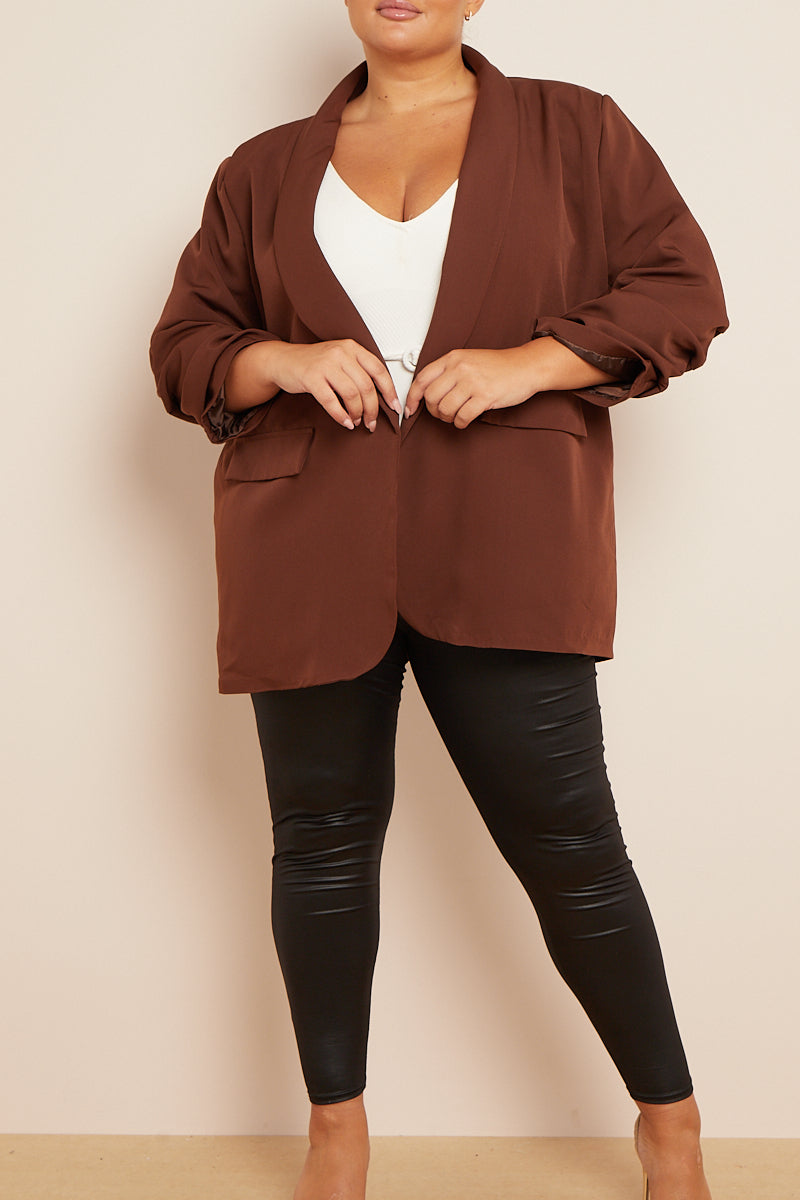 Brown Ruched Sleeve Blazer, 86% Polyester, 14% Spandex, stylish women's jacket.