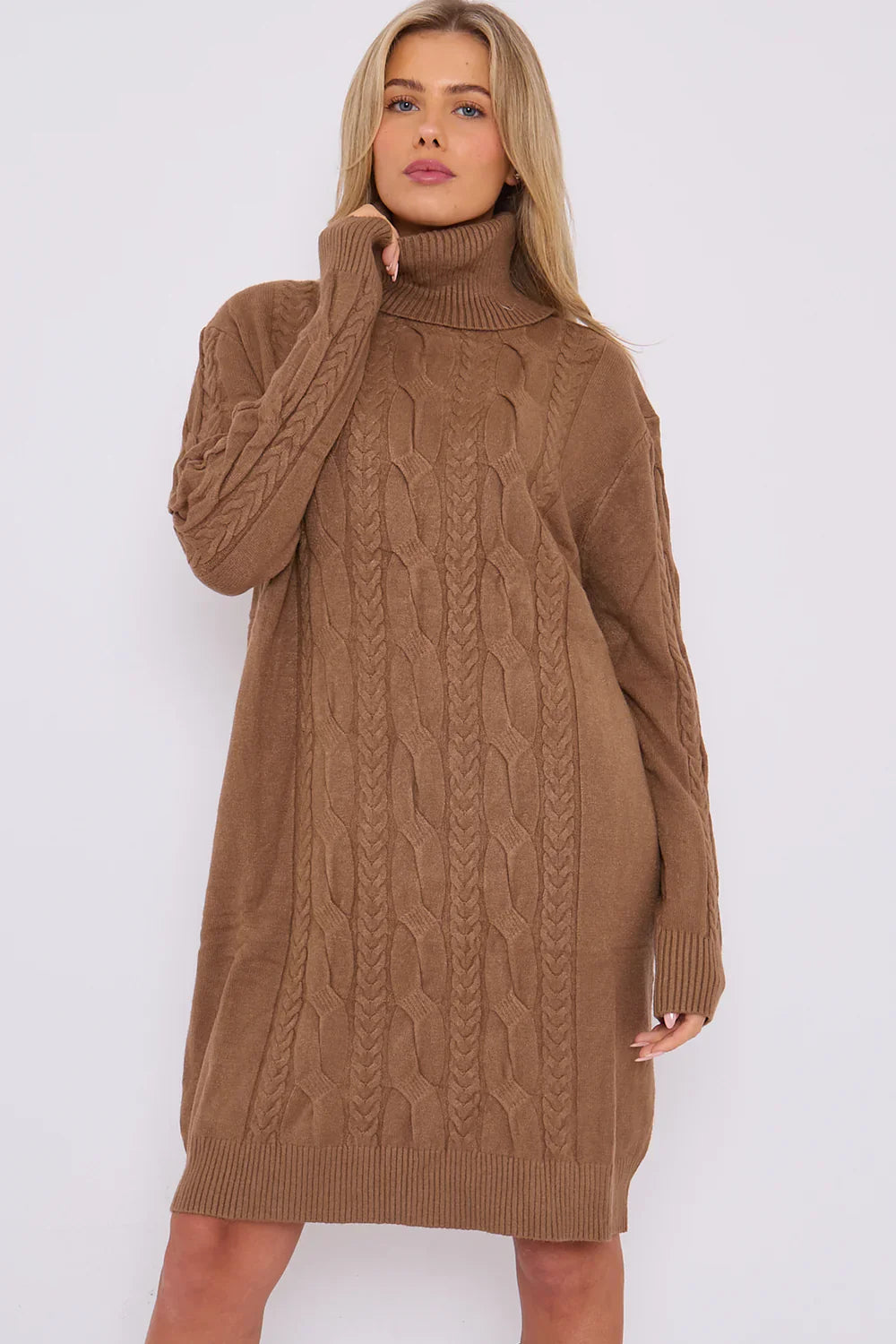 Jumper Dress - Roll Neck Design and Cable Pattern to Front